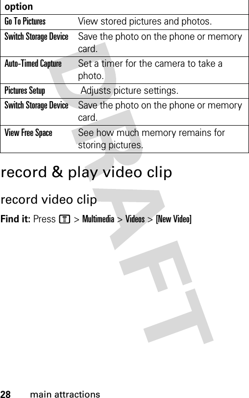 28main attractionsrecord &amp; play video cliprecord video clipFind it: Press M &gt;Multimedia &gt;Videos &gt;[New Video]optionGo To PicturesView stored pictures and photos.Switch Storage DeviceSave the photo on the phone or memory card.Auto-Timed CaptureSet a timer for the camera to take a photo.Pictures Setup Adjusts picture settings.Switch Storage DeviceSave the photo on the phone or memory card.View Free SpaceSee how much memory remains for storing pictures.