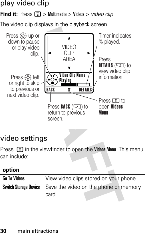 30main attractionsplay video clipFind it: Press M &gt;Multimedia &gt;Videos &gt; video clipThe video clip displays in the playback screen.video settingsPress M in the viewfinder to open the Videos Menu. This menu can include:optionGo To VideosView video clips stored on your phone.Switch Storage DeviceSave the video on the phone or memory card.VIDEOCLIPAREABACK DETAILSPress S up or down to pause or play video clip.Press S left or right to skip to previous or next video clip.Press BACK (-) to return to previous screen.Press M to open Videos Menu.Timer indicates % played.PressDETAILS (-) to view video clip information. Video Clip Name Playing