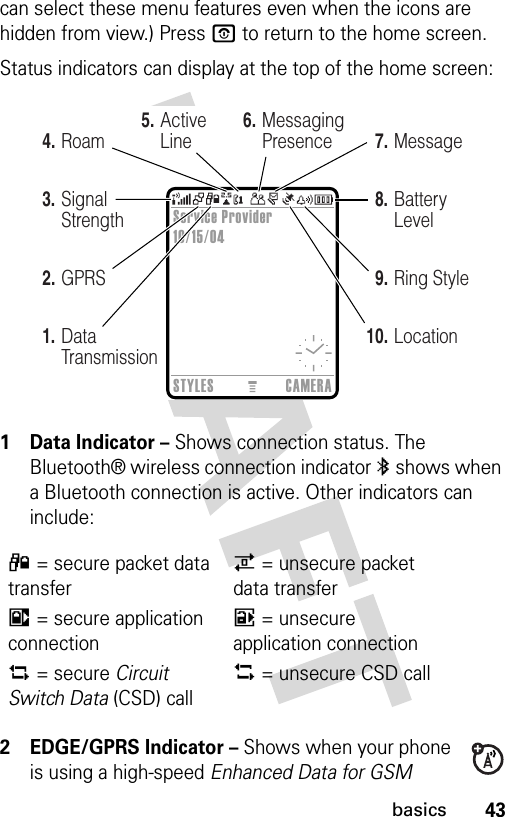 43basicscan select these menu features even when the icons are hidden from view.) Press O to return to the home screen.Status indicators can display at the top of the home screen: 1Data Indicator – Shows connection status. The Bluetooth® wireless connection indicator à shows when a Bluetooth connection is active. Other indicators can include:2 EDGE/GPRS Indicator – Shows when your phone is using a high-speed Enhanced Data for GSM 4= secure packet data transfer7= unsecure packet data transfer3= secure application connection6= unsecure application connection2= secure Circuit Switch Data (CSD) call5= unsecure CSD callService Provider10/15/04STYLES CAMERA3.Signal Strength8.Battery Level2.GPRS9.Ring Style1.Data Transmission10.Location6.Messaging Presence7.Message4.Roam5.Active Line