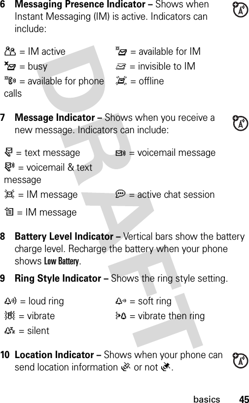 45basics6 Messaging Presence Indicator – Shows when Instant Messaging (IM) is active. Indicators can include:7 Message Indicator – Shows when you receive a new message. Indicators can include:8 Battery Level Indicator – Vertical bars show the battery charge level. Recharge the battery when your phone shows Low Battery.9 Ring Style Indicator – Shows the ring style setting.10 Location Indicator – Shows when your phone can send location information Ö or not Ñ.P= IM activeI= available for IM_= busyQ= invisible to IMJ= available for phone callsX= offliner= text messaget= voicemail messages= voicemail &amp; text messaged= IM messageÃ= IM messagea= active chat session y= loud ringz= soft ring|= vibrate}= vibrate then ring{= silent