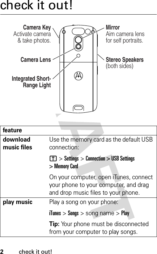 2check it out!check it out!featuredownload music filesUse the memory card as the default USB connection: M&gt;Settings &gt;Connection &gt; USB Settings &gt; Memory CardOn your computer, open iTunes, connect your phone to your computer, and drag and drop music files to your phone.play musicPlay a song on your phone: iTunes &gt;Songs &gt; song name &gt; PlayTip: Your phone must be disconnected from your computer to play songs. 032385o.epsCamera KeyActivate camera &amp; take photos.MirrorAim camera lens for self portraits.Camera LensIntegrated Short-Range LightStereo Speakers(both sides)