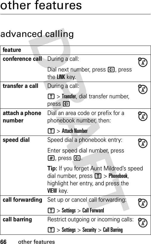 66other featuresother featuresadvanced callingfeatureconference callDuring a call:Dial next number, press N, press the LINKkey.transfer a callDuring a call:M &gt;Transfer, dial transfer number, press Nattach a phone numberDial an area code or prefix for a phonebook number, then:M &gt;Attach Numberspeed dialSpeed dial a phonebook entry:Enter speed dial number, press #, press N.Tip: If you forget Aunt Mildred’s speed dial number, press M&gt;Phonebook, highlight her entry, and press the VIEWkey.call forwardingSet up or cancel call forwarding:M &gt;Settings &gt;Call Forwardcall barringRestrict outgoing or incoming calls:M &gt;Settings &gt;Security &gt;Call Barring