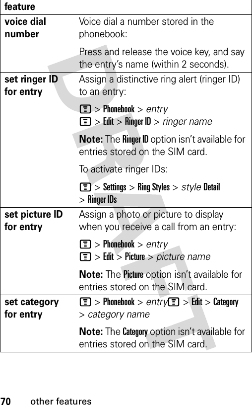 70other featuresvoice dial numberVoice dial a number stored in the phonebook:Press and release the voice key, and say the entry’s name (within 2 seconds).set ringer ID for entryAssign a distinctive ring alert (ringer ID) to an entry:M &gt;Phonebook &gt; entryM&gt;Edit&gt;Ringer ID&gt;ringer nameNote: The Ringer ID option isn’t available for entries stored on the SIM card.To activate ringer IDs:M &gt;Settings &gt;Ring Styles &gt; styleDetail &gt;Ringer IDsset picture ID for entryAssign a photo or picture to display when you receive a call from an entry:M &gt;Phonebook &gt; entryM&gt;Edit&gt;Picture&gt;picture nameNote: The Picture option isn’t available for entries stored on the SIM card.set category for entryM &gt;Phonebook &gt; entryM&gt;Edit&gt;Category &gt;category nameNote: The Category option isn’t available for entries stored on the SIM card.feature