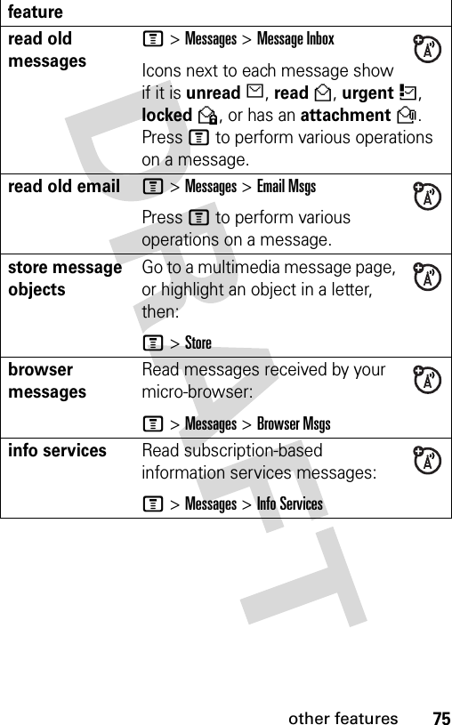 75other featuresread old messages M &gt;Messages &gt;Message InboxIcons next to each message show if it is unreadJ, readH, urgentK, lockedV, or has an attachmentR. Press M to perform various operations on a message.read old email M &gt;Messages &gt;Email MsgsPress M to perform various operations on a message.store message objects Go to a multimedia message page, or highlight an object in a letter, then:M &gt;Storebrowser messages Read messages received by your micro-browser:M &gt;Messages &gt;Browser Msgsinfo services Read subscription-based information services messages:M &gt;Messages &gt;Info Servicesfeature