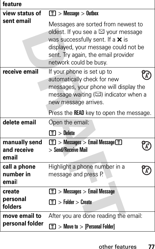 77other featuresview status of sent emailM &gt;Message &gt;OutboxMessages are sorted from newest to oldest. If you see a e your message was successfully sent. If a &gt; is displayed, your message could not be sent. Try again, the email provider network could be busy.receive emailIf your phone is set up to automatically check for new messages, your phone will display the message waiting (e) indicator when a new message arrives. Press the READ key to open the message.delete emailOpen the email:M &gt;Deletemanually send and receive emailM &gt;Messages &gt;Email MessageM &gt;Send/Receive Mailcall a phone number in emailHighlight a phone number in a message and press P.create personal foldersM &gt;Messages &gt;Email MessageM &gt;Folder &gt; Createmove email to personal folderAfter you are done reading the email:M &gt;Move to &gt;[Personal Folder]feature