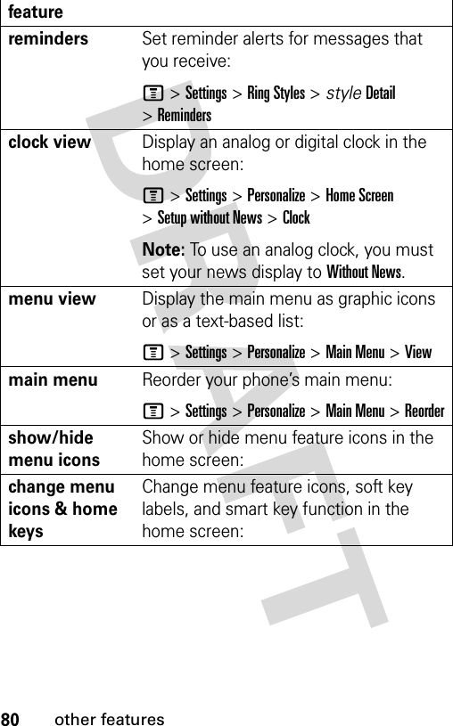 80other featuresremindersSet reminder alerts for messages that you receive:M &gt;Settings &gt;Ring Styles &gt; styleDetail &gt;Remindersclock view Display an analog or digital clock in the home screen:M &gt;Settings &gt;Personalize &gt;Home Screen &gt;Setup without News &gt;ClockNote: To use an analog clock, you must set your news display to Without News.menu viewDisplay the main menu as graphic icons or as a text-based list:M &gt;Settings &gt;Personalize &gt;Main Menu &gt;Viewmain menu Reorder your phone’s main menu:M &gt;Settings &gt;Personalize &gt;Main Menu &gt;Reordershow/hide menu iconsShow or hide menu feature icons in the home screen:change menu icons &amp; home keysChange menu feature icons, soft key labels, and smart key function in the home screen:feature