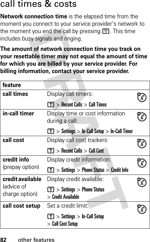 82other featurescall times &amp; costsNetwork connection time is the elapsed time from the moment you connect to your service provider&apos;s network to the moment you end the call by pressing o. This time includes busy signals and ringing.The amount of network connection time you track on your resettable timer may not equal the amount of time for which you are billed by your service provider. For billing information, contact your service provider.featurecall timesDisplay call timers:M &gt;Recent Calls &gt;Call Timesin-call timerDisplay time or cost information during a call:M &gt;Settings &gt;In-Call Setup &gt;In-Call Timercall costDisplay call cost trackers:M &gt;Recent Calls &gt;Call Costcredit info (prepay option)Display credit information:M &gt;Settings &gt;Phone Status &gt;Credit Infocredit available (advice of charge option)Display credit available:M &gt;Settings &gt;Phone Status &gt;Credit Availablecall cost setupSet a credit limit:M &gt;Settings &gt;In-Call Setup &gt;Call Cost Setup