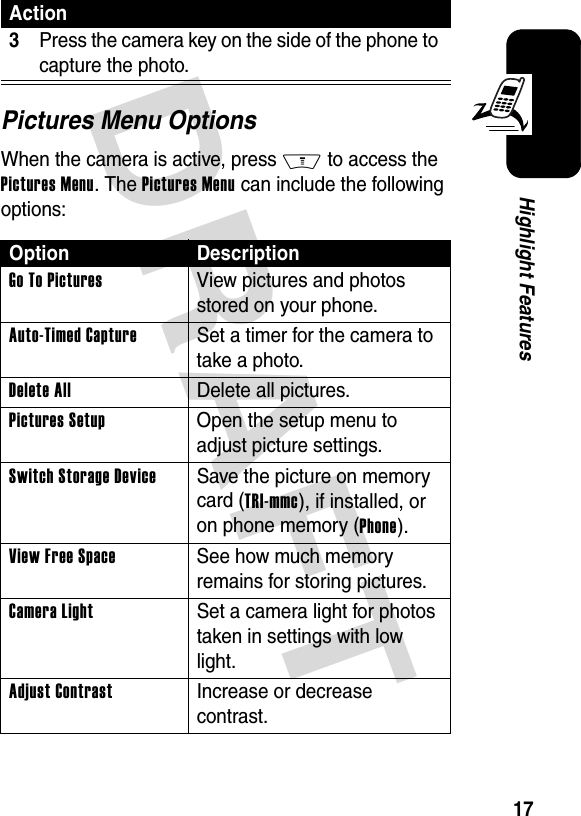 DRAFT 17Highlight FeaturesPictures Menu OptionsWhen the camera is active, press M to access the Pictures Menu. The Pictures Menu can include the following options:3Press the camera key on the side of the phone to capture the photo.Option DescriptionGo To Pictures  View pictures and photos stored on your phone.Auto-Timed Capture  Set a timer for the camera to take a photo.Delete All Delete all pictures.Pictures Setup  Open the setup menu to adjust picture settings.Switch Storage DeviceSave the picture on memory card (TRI-mmc), if installed, or on phone memory (Phone).View Free Space See how much memory remains for storing pictures.Camera LightSet a camera light for photos taken in settings with low light.Adjust ContrastIncrease or decrease contrast.Action