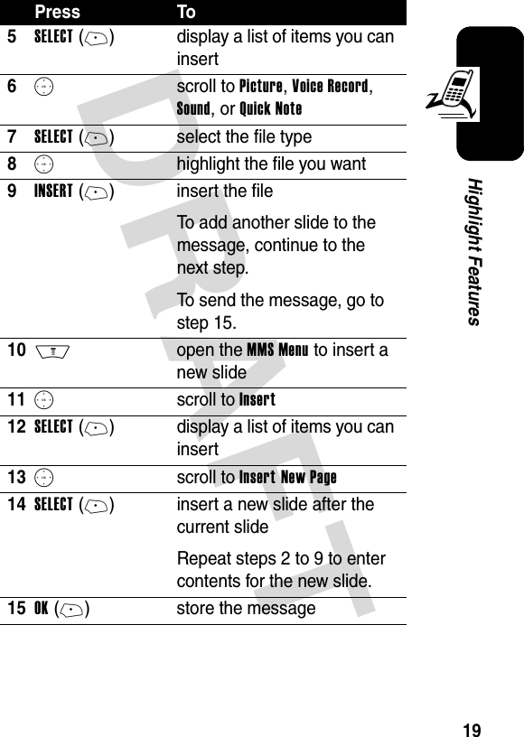 DRAFT 19Highlight Features5SELECT(+) display a list of items you can insert6S scroll to Picture, Voice Record, Sound, or Quick Note7SELECT(+) select the file type8S  highlight the file you want9INSERT(+) insert the fileTo add another slide to the message, continue to the next step.To send the message, go to step 15.10M open the MMS Menu to insert a new slide11S scroll to Insert12SELECT(+) display a list of items you can insert13S scroll to Insert New Page14SELECT(+) insert a new slide after the current slideRepeat steps 2 to 9 to enter contents for the new slide.15OK(+) store the messagePress To