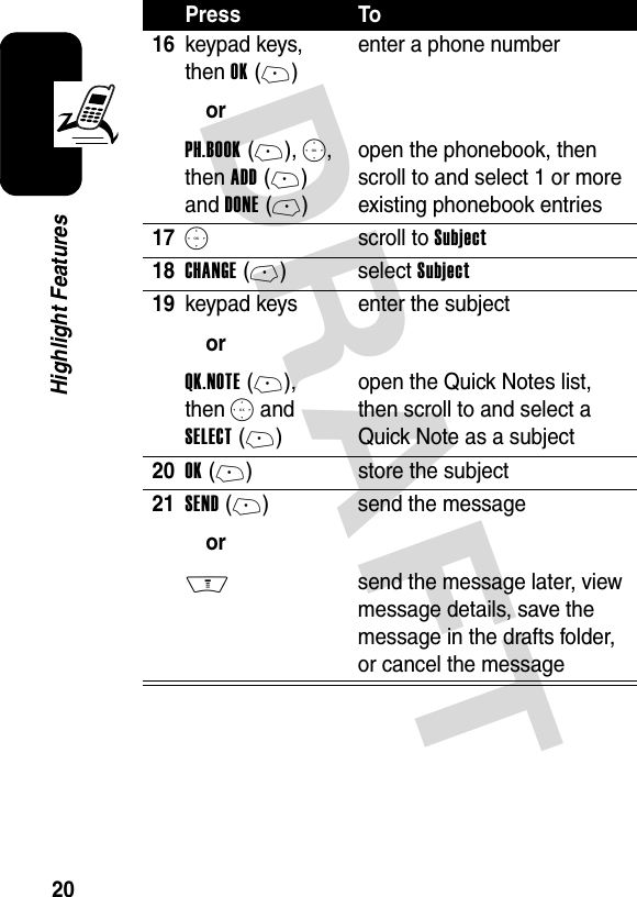 DRAFT 20Highlight Features16keypad keys, then OK(+)orPH.BOOK(+), S, then ADD(+) and DONE(-)enter a phone numberopen the phonebook, then scroll to and select 1 or more existing phonebook entries17S scroll to Subject18CHANGE(-)select Subject19keypad keysorQK.NOTE(+), then S and SELECT(+)enter the subjectopen the Quick Notes list, then scroll to and select a Quick Note as a subject20OK(+) store the subject21SEND(+)orM send the messagesend the message later, view message details, save the message in the drafts folder, or cancel the messagePress To