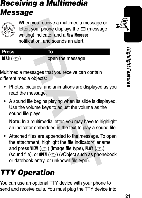 DRAFT 21Highlight FeaturesReceiving a Multimedia MessageWhen you receive a multimedia message or letter, your phone displays the X (message waiting) indicator and a New Message notification, and sounds an alert.Multimedia messages that you receive can contain different media objects:•Photos, pictures, and animations are displayed as you read the message.•A sound file begins playing when its slide is displayed. Use the volume keys to adjust the volume as the sound file plays.Note: In a multimedia letter, you may have to highlight an indicator embedded in the text to play a sound file.•Attached files are appended to the message. To open the attachment, highlight the file indicator/filename and press VIEW(+) (image file type), PLAY(+) (sound file), or OPEN(+) (vObject such as phonebook or datebook entry, or unknown file type).TTY OperationYou can use an optional TTY device with your phone to send and receive calls. You must plug the TTY device into Press ToREAD(+) open the message032380o