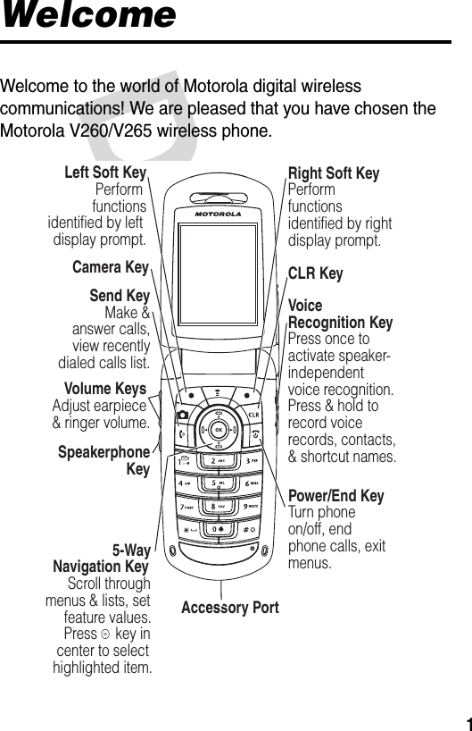 DRAFT 1WelcomeWelcome to the world of Motorola digital wireless communications! We are pleased that you have chosen the Motorola V260/V265 wireless phone.032407oCamera Key CLR KeyVolume Keys Adjust earpiece &amp; ringer volume.Speakerphone KeyVoice Recognition KeyPress once to activate speaker-independent voice recognition. Press &amp; hold to record voice records, contacts,&amp; shortcut names.                  5-Way      Navigation Key      Scroll through  menus &amp; lists, set     feature values.      Press K key in   center to select  highlighted item.Accessory PortSend Key  Make &amp; answer calls, view recently dialed calls list.Left Soft Key  Perform functions identified by left display prompt.Right Soft Key  Perform functions identified by right display prompt.Power/End KeyTurn phoneon/off, endphone calls, exitmenus.