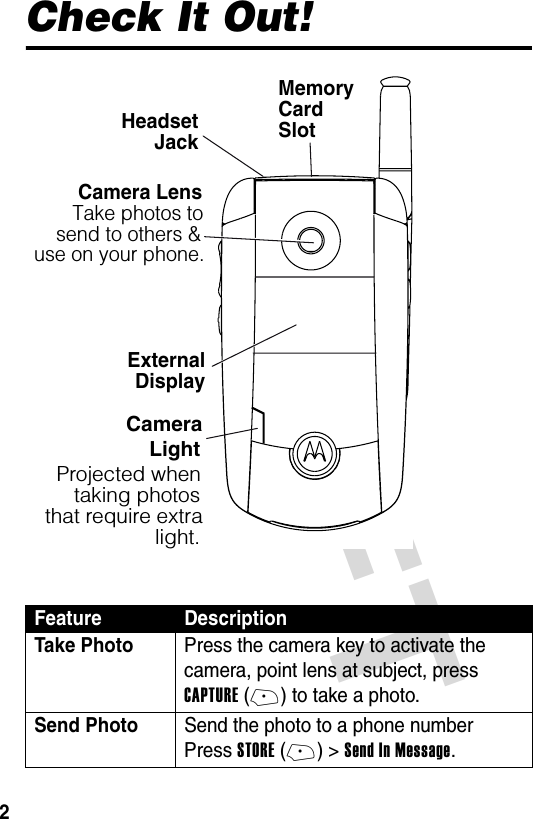 DRAFT 2Check It Out!Feature DescriptionTake Photo  Press the camera key to activate the camera, point lens at subject, press CAPTURE(+) to take a photo.Send Photo  Send the photo to a phone numberPress STORE(+) &gt;Send In Message.032408o        Camera Lens       Take photos to    send to others &amp; use on your phone.External Display                 Camera                     Light     Projected when        taking photos   that require extra                      light.Headset      JackMemoryCardSlot