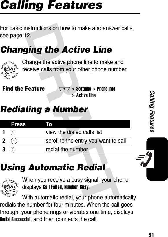 DRAFT 51Calling FeaturesCalling FeaturesFor basic instructions on how to make and answer calls, see page 12.Changing the Active LineChange the active phone line to make and receive calls from your other phone number.Redialing a NumberUsing Automatic RedialWhen you receive a busy signal, your phone displays Call Failed, Number Busy.With automatic redial, your phone automatically redials the number for four minutes. When the call goes through, your phone rings or vibrates one time, displays Redial Successful, and then connects the call.Find the FeatureM&gt;Settings &gt;Phone Info &gt;Active LinePress To1O  view the dialed calls list2S  scroll to the entry you want to call3O  redial the number032380o032380o