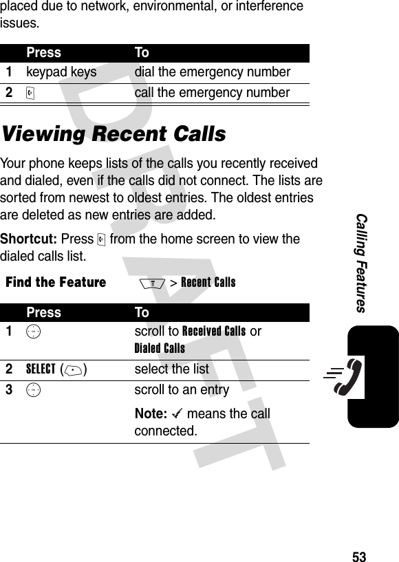 DRAFT 53Calling Featuresplaced due to network, environmental, or interference issues.Viewing Recent CallsYour phone keeps lists of the calls you recently received and dialed, even if the calls did not connect. The lists are sorted from newest to oldest entries. The oldest entries are deleted as new entries are added.Shortcut: Press O from the home screen to view the dialed calls list.Press To1keypad keys dial the emergency number2O call the emergency numberFind the FeatureM&gt;Recent CallsPress To1S scroll to Received Calls or Dialed Calls2SELECT(+) select the list3S  scroll to an entryNote: &lt; means the call connected.