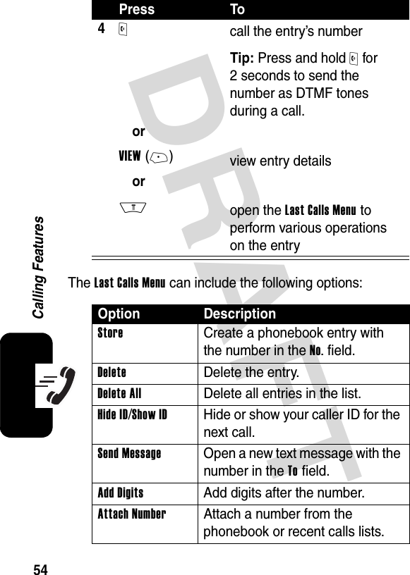 DRAFT 54Calling FeaturesThe Last Calls Menu can include the following options:4O orVIEW(+)orM call the entry’s numberTip: Press and hold O for 2 seconds to send the number as DTMF tones during a call.view entry detailsopen the Last Calls Menu to perform various operations on the entryOption DescriptionStore  Create a phonebook entry with the number in the No. field.DeleteDelete the entry.Delete AllDelete all entries in the list.Hide ID/Show ID  Hide or show your caller ID for the next call.Send Message  Open a new text message with the number in the To field.Add Digits  Add digits after the number.Attach Number  Attach a number from the phonebook or recent calls lists.Press To