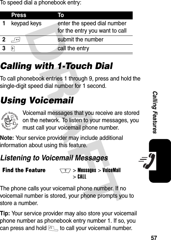 DRAFT 57Calling FeaturesTo speed dial a phonebook entry:Calling with 1-Touch DialTo call phonebook entries 1 through 9, press and hold the single-digit speed dial number for 1 second.Using VoicemailVoicemail messages that you receive are stored on the network. To listen to your messages, you must call your voicemail phone number.Note: Your service provider may include additional information about using this feature.Listening to Voicemail MessagesThe phone calls your voicemail phone number. If no voicemail number is stored, your phone prompts you to store a number.Tip: Your service provider may also store your voicemail phone number as phonebook entry number 1. If so, you can press and hold 1 to call your voicemail number.Press To1keypad keys enter the speed dial number for the entry you want to call2# submit the number3O call the entryFind the FeatureM&gt;Messages&gt;VoiceMail&gt;CALL032380o