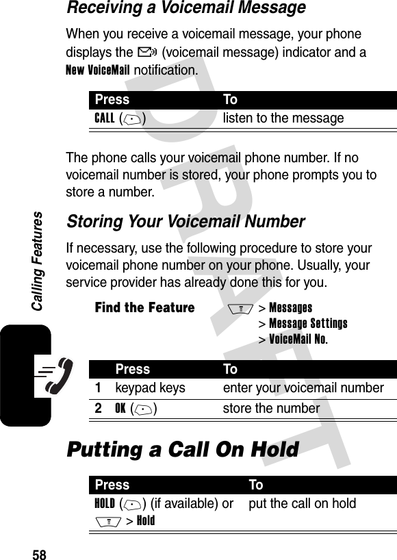 DRAFT 58Calling FeaturesReceiving a Voicemail MessageWhen you receive a voicemail message, your phone displays the &amp; (voicemail message) indicator and a New VoiceMail notification.The phone calls your voicemail phone number. If no voicemail number is stored, your phone prompts you to store a number.Storing Your Voicemail NumberIf necessary, use the following procedure to store your voicemail phone number on your phone. Usually, your service provider has already done this for you.Putting a Call On HoldPress ToCALL(+) listen to the messageFind the FeatureM&gt;Messages&gt;Message Settings&gt;VoiceMail No.Press To1keypad keys enter your voicemail number2OK(+) store the numberPress ToHOLD(+) (if available) or M&gt;Holdput the call on hold