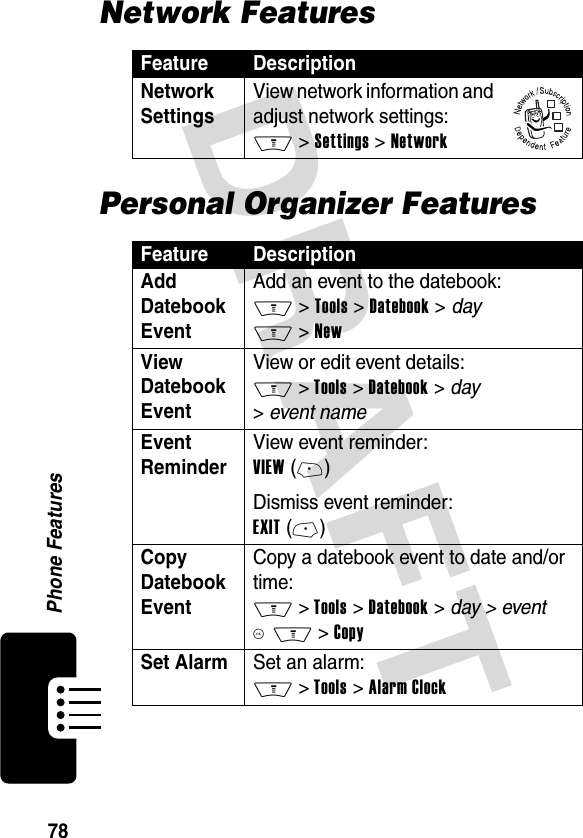 DRAFT 78Phone FeaturesNetwork FeaturesPersonal Organizer FeaturesFeature DescriptionNetwork Settings View network information and adjust network settings: M &gt; Settings &gt; NetworkFeature DescriptionAdd Datebook Event Add an event to the datebook: M &gt; Tools &gt; Datebook &gt; day M &gt; NewView Datebook Event View or edit event details: M &gt; Tools &gt; Datebook &gt; day &gt; event nameEvent Reminder View event reminder: VIEW (+)Dismiss event reminder: EXIT (-)Copy Datebook EventCopy a datebook event to date and/or time: M &gt; Tools &gt; Datebook &gt; day &gt; event  K M &gt; CopySet Alarm Set an alarm: M &gt; Tools &gt; Alarm Clock032380o