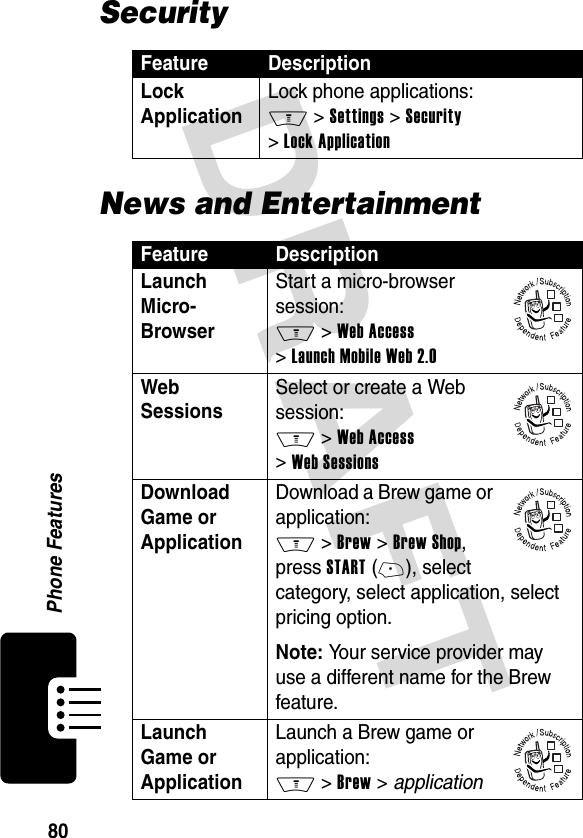 DRAFT 80Phone FeaturesSecurityNews and EntertainmentFeature DescriptionLock Application Lock phone applications: M &gt; Settings &gt; Security &gt; Lock ApplicationFeature DescriptionLaunch Micro- Browser Start a micro-browser session: M &gt; Web Access &gt; Launch Mobile Web 2.0Web Sessions Select or create a Web session: M &gt; Web Access &gt; Web SessionsDownload Game or ApplicationDownload a Brew game or application: M &gt; Brew &gt; Brew Shop, press START (+), select category, select application, select pricing option.Note: Your service provider may use a different name for the Brew feature.Launch Game or ApplicationLaunch a Brew game or application: M &gt; Brew &gt; application032380o032380o032380o032380o