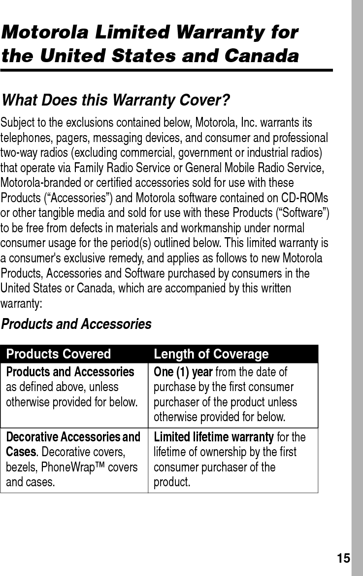  15Motorola Limited Warranty for the United States and CanadaWhat Does this Warranty Cover?Subject to the exclusions contained below, Motorola, Inc. warrants its telephones, pagers, messaging devices, and consumer and professional two-way radios (excluding commercial, government or industrial radios) that operate via Family Radio Service or General Mobile Radio Service, Motorola-branded or certified accessories sold for use with these Products (“Accessories”) and Motorola software contained on CD-ROMs or other tangible media and sold for use with these Products (“Software”) to be free from defects in materials and workmanship under normal consumer usage for the period(s) outlined below. This limited warranty is a consumer&apos;s exclusive remedy, and applies as follows to new Motorola Products, Accessories and Software purchased by consumers in the United States or Canada, which are accompanied by this written warranty:Products and AccessoriesProducts Covered Length of CoverageProducts and Accessories as defined above, unless otherwise provided for below.One (1) year from the date of purchase by the first consumer purchaser of the product unless otherwise provided for below.Decorative Accessories and Cases. Decorative covers, bezels, PhoneWrap™ covers and cases.Limited lifetime warranty for the lifetime of ownership by the first consumer purchaser of the product.