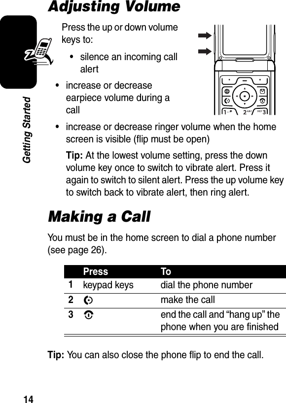  14Getting StartedAdjusting VolumePress the up or down volume keys to:•silence an incoming call alert•increase or decrease earpiece volume during a call•increase or decrease ringer volume when the home screen is visible (flip must be open)Tip: At the lowest volume setting, press the down volume key once to switch to vibrate alert. Press it again to switch to silent alert. Press the up volume key to switch back to vibrate alert, then ring alert.Making a CallYou must be in the home screen to dial a phone number (see page 26).Tip: You can also close the phone flip to end the call.Press To1keypad keys dial the phone number2N  make the call3O  end the call and “hang up” the phone when you are finished040135o