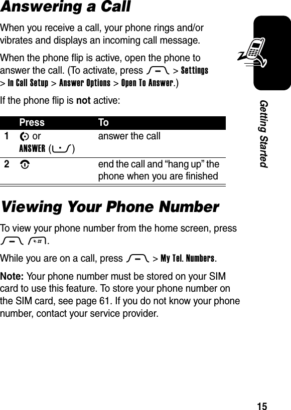  15Getting StartedAnswering a CallWhen you receive a call, your phone rings and/or vibrates and displays an incoming call message.When the phone flip is active, open the phone to answer the call. (To activate, press M&gt;Settings &gt;In Call Setup &gt;Answer Options &gt;Open To Answer.)If the phone flip is not active:Viewing Your Phone NumberTo view your phone number from the home screen, press M#.While you are on a call, press M &gt;My Tel. Numbers.Note: Your phone number must be stored on your SIM card to use this feature. To store your phone number on the SIM card, see page 61. If you do not know your phone number, contact your service provider.Press To1N or ANSWER(-)answer the call2O  end the call and “hang up” the phone when you are finished