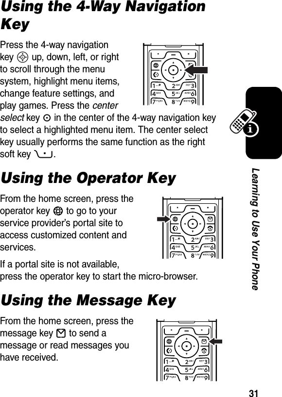  31Learning to Use Your PhoneUsing the 4-Way Navigation KeyPress the 4-way navigation key S up, down, left, or right to scroll through the menu system, highlight menu items, change feature settings, and play games. Press the center select key C in the center of the 4-way navigation key to select a highlighted menu item. The center select key usually performs the same function as the right soft key+.Using the Operator KeyFrom the home screen, press the operator key L to go to your service provider’s portal site to access customized content and services.If a portal site is not available, press the operator key to start the micro-browser.Using the Message KeyFrom the home screen, press the message key E to send a message or read messages you have received.