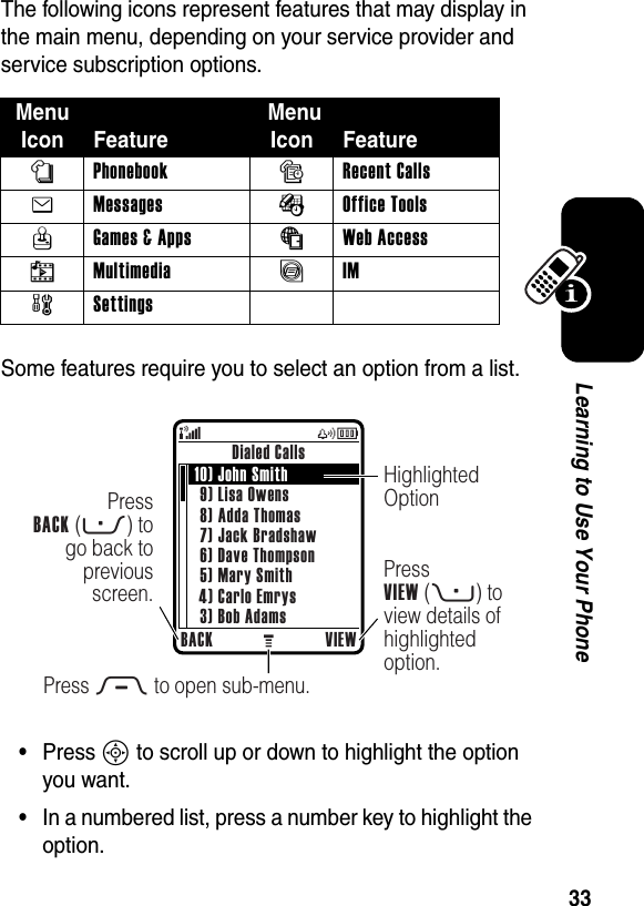  33Learning to Use Your PhoneThe following icons represent features that may display in the main menu, depending on your service provider and service subscription options.Some features require you to select an option from a list.•Press S to scroll up or down to highlight the option you want.•In a numbered list, press a number key to highlight the option.Menu Icon Feature MenuIcon Featuren Phonebook s Recent Calls e Messages É Office Tools Q Games &amp; Apps á Web Access h Multimedia ã IM w Settings Dialed CallsBACK VIEWPress M to open sub-menu.PressVIEW (+) to view details of highlighted option.PressBACK (-) to go back to previous screen.Highlighted Option10) John Smith9) Lisa Owens8) Adda Thomas7) Jack Bradshaw6) Dave Thompson5) Mary Smith4) Carlo Emrys3) Bob Adams