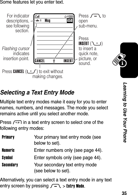  35Learning to Use Your PhoneSome features let you enter text.Selecting a Text Entry ModeMultiple text entry modes make it easy for you to enter names, numbers, and messages. The mode you select remains active until you select another mode.Press # in a text entry screen to select one of the following entry modes:Alternatively, you can select a text entry mode in any text entry screen by pressing M&gt;Entry Mode.Primary  Your primary text entry mode (see below to set).Numeric  Enter numbers only (see page 44).Symbol  Enter symbols only (see page 44).Secondary  Your secondary text entry mode (see below to set).Msg 450CANCEL INSERTPress CANCEL (-) to exit without making changes.PressINSERT (+) to insert a quick note, picture, or sound.For indicator descriptions, see following section.Flashing cursor indicates insertion point.Press M to opensub-menu.