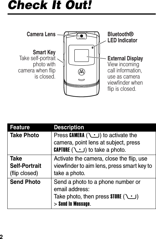  2Check It Out!Feature DescriptionTake Photo Press CAMERA(+) to activate the camera, point lens at subject, press CAPTURE(+) to take a photo.Take Self-Portrait (flip closed) Activate the camera, close the flip, use viewfinder to aim lens, press smart key to take a photo.Send Photo  Send a photo to a phone number or email address:Take photo, then press STORE(+) &gt;Send In Message.Camera Lens Bluetooth®LED IndicatorSmart KeyTake self-portrait photo with camera when flip is closed.External DisplayView incoming call information, use as camera viewfinder when flip is closed. 