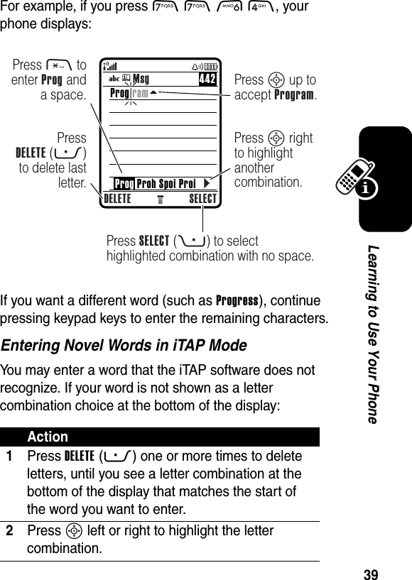  39Learning to Use Your PhoneFor example, if you press 7764, your phone displays:If you want a different word (such as Progress), continue pressing keypad keys to enter the remaining characters.Entering Novel Words in iTAP ModeYou may enter a word that the iTAP software does not recognize. If your word is not shown as a letter combination choice at the bottom of the display:Action1Press DELETE(-) one or more times to delete letters, until you see a letter combination at the bottom of the display that matches the start of the word you want to enter.2Press S left or right to highlight the letter combination.DELETE SELECTPress SELECT (+) to selecthighlighted combination with no space.PressDELETE (-) to delete last letter.Press * to enter Prog and a space.Press S up to accept Program.Press S right to highlight another combination.Prog ram    Prog Proh Spoi ProiMsg 442