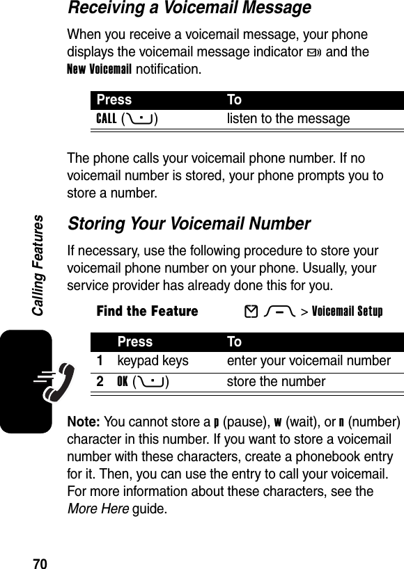  70Calling FeaturesReceiving a Voicemail MessageWhen you receive a voicemail message, your phone displays the voicemail message indicator t and the New Voicemail notification.The phone calls your voicemail phone number. If no voicemail number is stored, your phone prompts you to store a number.Storing Your Voicemail NumberIf necessary, use the following procedure to store your voicemail phone number on your phone. Usually, your service provider has already done this for you.Note: You cannot store a p (pause), w (wait), or n (number) character in this number. If you want to store a voicemail number with these characters, create a phonebook entry for it. Then, you can use the entry to call your voicemail. For more information about these characters, see the More Here guide.Press ToCALL(+) listen to the messageFind the FeatureEM &gt;Voicemail SetupPress To1keypad keys enter your voicemail number2OK(+) store the number