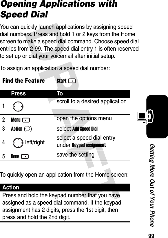 99Getting More Out of Your PhoneDRAFT Opening Applications with Speed DialYou can quickly launch applications by assigning speed dial numbers. Press and hold 1 or 2 keys from the Home screen to make a speed dial command. Choose speed dial entries from 2-99. The speed dial entry 1 is often reserved to set up or dial your voicemail after initial setup.To assign an application a speed dial number:To quickly open an application from the Home screen:Find the FeatureStartPress To1scroll to a desired application2Menuopen the options menu3Action (A)select Add Speed Dial4left/right select a speed dial entry under Keypad assignment5Donesave the settingActionPress and hold the keypad number that you have assigned as a speed dial command. If the keypad assignment has 2 digits, press the 1st digit, then press and hold the 2nd digit.