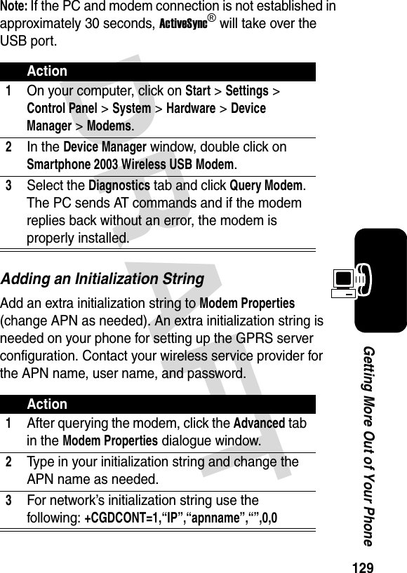 129Getting More Out of Your PhoneDRAFT Note: If the PC and modem connection is not established in approximately 30 seconds, ActiveSync® will take over the USB port.Adding an Initialization StringAdd an extra initialization string to Modem Properties (change APN as needed). An extra initialization string is needed on your phone for setting up the GPRS server configuration. Contact your wireless service provider for the APN name, user name, and password.Action1On your computer, click on Start &gt; Settings &gt; Control Panel &gt; System &gt; Hardware &gt; Device Manager &gt; Modems.2In the Device Manager window, double click on Smartphone 2003 Wireless USB Modem.3Select the Diagnostics tab and click Query Modem. The PC sends AT commands and if the modem replies back without an error, the modem is properly installed.Action1After querying the modem, click the Advanced tab in the Modem Properties dialogue window.2Type in your initialization string and change the APN name as needed.3For network’s initialization string use the following: +CGDCONT=1,“IP”,“apnname”,“”,0,0