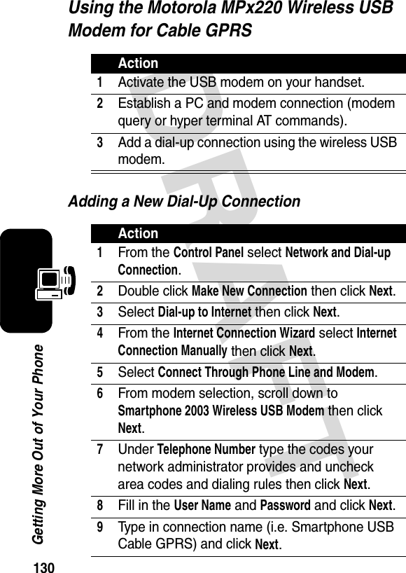 130Getting More Out of Your PhoneDRAFT Using the Motorola MPx220 Wireless USB Modem for Cable GPRSAdding a New Dial-Up ConnectionAction1Activate the USB modem on your handset.2Establish a PC and modem connection (modem query or hyper terminal AT commands).3Add a dial-up connection using the wireless USB modem.Action1From the Control Panel select Network and Dial-up Connection.2Double click Make New Connection then click Next.3Select Dial-up to Internet then click Next.4From the Internet Connection Wizard select Internet Connection Manually then click Next.5Select Connect Through Phone Line and Modem.6From modem selection, scroll down to Smartphone 2003 Wireless USB Modem then click Next.7Under Telephone Number type the codes your network administrator provides and uncheck area codes and dialing rules then click Next.8Fill in the User Name and Password and click Next.9Type in connection name (i.e. Smartphone USB Cable GPRS) and click Next.