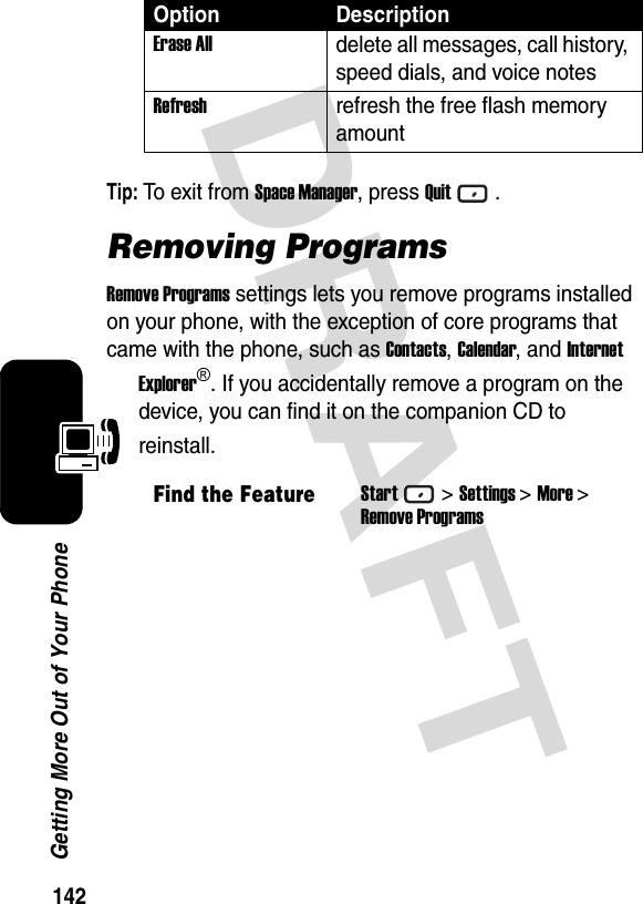 142Getting More Out of Your PhoneDRAFT Tip: To  ex i t  f r o m  Space Manager, press Quit.Removing ProgramsRemove Programs settings lets you remove programs installed on your phone, with the exception of core programs that came with the phone, such as Contacts, Calendar, and Internet Explorer®. If you accidentally remove a program on the device, you can find it on the companion CD to reinstall.Erase Alldelete all messages, call history, speed dials, and voice notesRefreshrefresh the free flash memory amountFind the FeatureStart&gt;Settings &gt;More &gt;Remove ProgramsOption Description