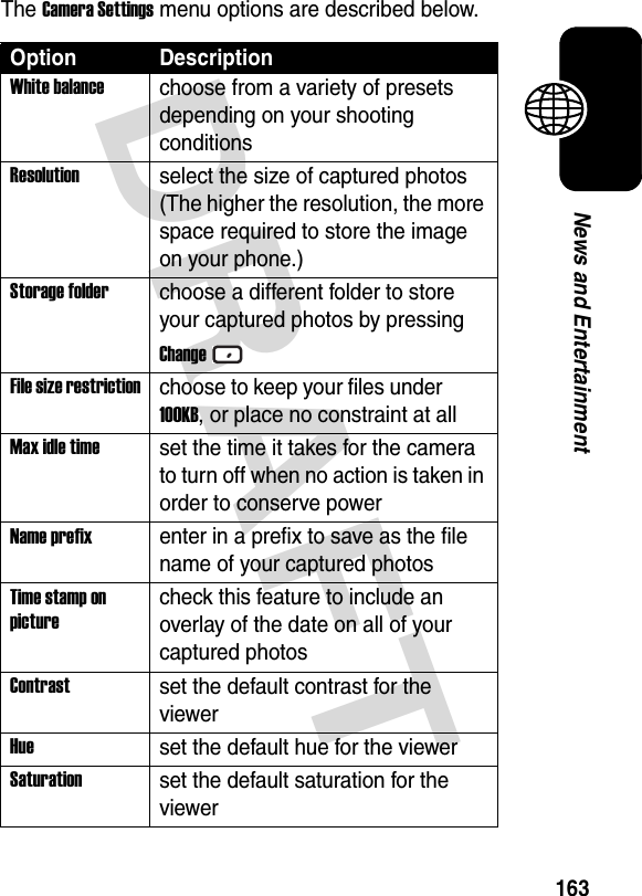 DRAFT 163News and EntertainmentThe Camera Settings menu options are described below.Option DescriptionWhite balancechoose from a variety of presets depending on your shooting conditionsResolutionselect the size of captured photos (The higher the resolution, the more space required to store the image on your phone.)Storage folderchoose a different folder to store your captured photos by pressing ChangeFile size restrictionchoose to keep your files under  100KB, or place no constraint at allMax idle timeset the time it takes for the camera to turn off when no action is taken in order to conserve powerName prefixenter in a prefix to save as the file name of your captured photosTime stamp on picturecheck this feature to include an overlay of the date on all of your captured photosContrastset the default contrast for the viewerHueset the default hue for the viewerSaturationset the default saturation for the viewer