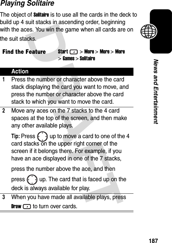 DRAFT 187News and EntertainmentPlaying SolitaireThe object of Solitaire is to use all the cards in the deck to build up 4 suit stacks in ascending order, beginning with the aces. You win the game when all cards are on the suit stacks.Find the FeatureStart&gt;More &gt;More &gt;More&gt;Games &gt; SolitaireAction1Press the number or character above the card stack displaying the card you want to move, and press the number or character above the card stack to which you want to move the card.2Move any aces on the 7 stacks to the 4 card spaces at the top of the screen, and then make any other available plays.Tip: Press up to move a card to one of the 4 card stacks on the upper right corner of the screen if it belongs there. For example, if you have an ace displayed in one of the 7 stacks,press the number above the ace, and thenpress up. The card that is faced up on thedeck is always available for play.3When you have made all available plays, press Drawto turn over cards.