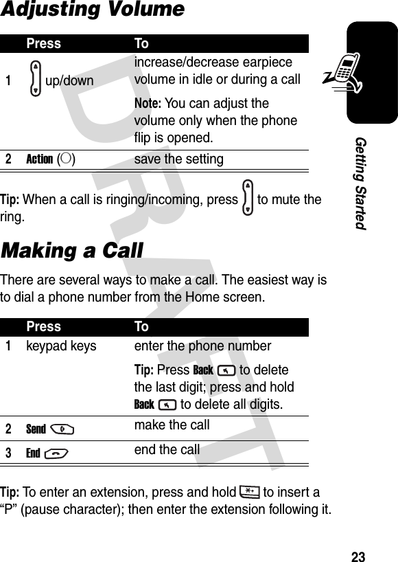 DRAFT 23Getting StartedAdjusting VolumeTip: When a call is ringing/incoming, press to mute the ring.Making a CallThere are several ways to make a call. The easiest way is to dial a phone number from the Home screen.Tip: To enter an extension, press and hold to insert a “P” (pause character); then enter the extension following it.Press To1up/downincrease/decrease earpiece volume in idle or during a callNote: You can adjust the volume only when the phone flip is opened.2Action (A) save the settingPress To1keypad keys enter the phone numberTip: Press Backto delete the last digit; press and hold Backto delete all digits.2Sendmake the call3Endend the call