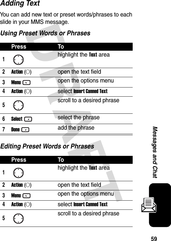 DRAFT 59Messages and ChatAdding TextYou can add new text or preset words/phrases to each slide in your MMS message.Using Preset Words or PhrasesEditing Preset Words or PhrasesPress To1highlight the Text area2Action (A)open the text field3Menuopen the options menu4Action (A)select Insert Canned Text5scroll to a desired phrase6Selectselect the phrase7Doneadd the phrasePress To1highlight the Text area2Action (A)open the text field3Menuopen the options menu4Action (A)select Insert Canned Text5scroll to a desired phrase