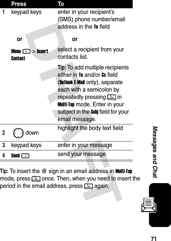 DRAFT 71Messages and ChatTip: To insert the @ sign in an email address in Multi-Tap mode, press once. Then, when you need to insert the period in the email address, press again.Press To1keypad keysorMenu&gt; Insert Contactenter in your recipient’s (SMS) phone number/email address in the To fieldorselect a recipient from your contacts list.Tip: To add multiple recipients either in To and/or Cc field (Outlook E-Mail only), separate each with a semicolon by repeatedly pressing in Multi-Tap mode. Enter in your subject in the Subj field for your email message.2down highlight the body text field3keypad keys enter in your message4Sendsend your message