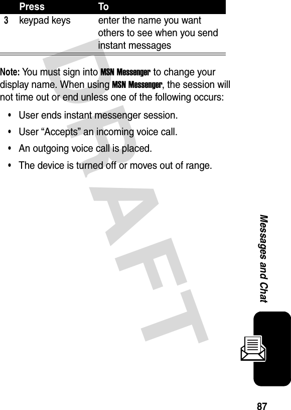 DRAFT 87Messages and ChatNote: You must sign into MSN Messenger to change your display name. When using MSN Messenger, the session will not time out or end unless one of the following occurs:•User ends instant messenger session.•User “Accepts” an incoming voice call.•An outgoing voice call is placed.•The device is turned off or moves out of range.3keypad keys enter the name you want others to see when you send instant messagesPress To