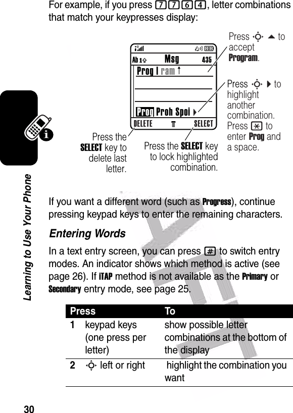  30Learning to Use Your PhoneFor example, if you press 7764, letter combinations that match your keypresses display:If you want a different word (such as Progress), continue pressing keypad keys to enter the remaining characters.Entering WordsIn a text entry screen, you can press # to switch entry modes. An indicator shows which method is active (see page 26). If iTAP method is not available as the Primary or Secondary entry mode, see page 25.Press To1keypad keys (one press per letter)show possible letter combinations at the bottom of the display2S left or right  highlight the combination you want040087oDELETE SELECTAb ó           Msg          435 Prog | ram Prog Proh Spoi cPress the SELECT key to delete last letter.Press S d to accept Program.Press the SELECT key to lock highlighted  combination.Press S c to highlight another combination. Press * to enter Prog and a space.