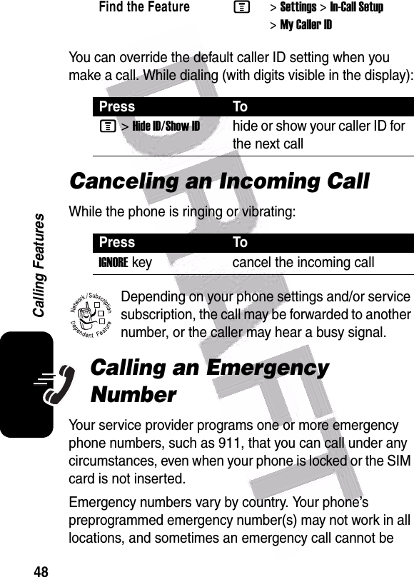  48Calling FeaturesYou can override the default caller ID setting when you make a call. While dialing (with digits visible in the display):Canceling an Incoming CallWhile the phone is ringing or vibrating:Depending on your phone settings and/or service subscription, the call may be forwarded to another number, or the caller may hear a busy signal. Calling an Emergency NumberYour service provider programs one or more emergency phone numbers, such as 911, that you can call under any circumstances, even when your phone is locked or the SIM card is not inserted.Emergency numbers vary by country. Your phone’s preprogrammed emergency number(s) may not work in all locations, and sometimes an emergency call cannot be Find the FeatureM&gt;Settings &gt;In-Call Setup &gt;My Caller IDPress ToM&gt;Hide ID/Show IDhide or show your caller ID for the next callPress ToIGNOREkey cancel the incoming call032380o