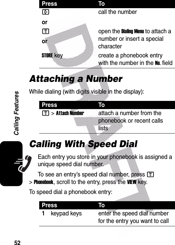  52Calling FeaturesAttaching a NumberWhile dialing (with digits visible in the display):Calling With Speed DialEach entry you store in your phonebook is assigned a unique speed dial number.To see an entry’s speed dial number, press M &gt;Phonebook, scroll to the entry, press the VIEWkey.To speed dial a phonebook entry:Press Tonorcall the numberMoropen the Dialing Menu to attach a number or insert a special characterSTOREkey create a phonebook entry with the number in the No. fieldPress ToM &gt;Attach Numberattach a number from the phonebook or recent calls listsPress To1keypad keys enter the speed dial number for the entry you want to call