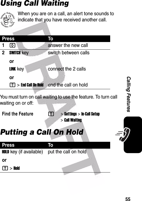  55Calling FeaturesUsing Call WaitingWhen you are on a call, an alert tone sounds to indicate that you have received another call.You must turn on call waiting to use the feature. To turn call waiting on or off: Putting a Call On HoldPress To1nanswer the new call2SWITCHkeyorswitch between callsLINKkeyorconnect the 2 callsM &gt;EndCallOnHoldend the call on hold Find the FeatureM&gt;Settings &gt;In-Call Setup &gt;Call WaitingPress ToHOLDkey (if available)orM&gt;Holdput the call on hold032380o