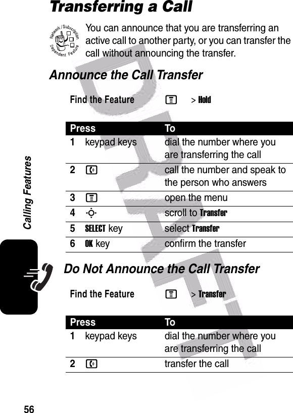  56Calling FeaturesTransferring a CallYou can announce that you are transferring an active call to another party, or you can transfer the call without announcing the transfer. Announce the Call TransferDo Not Announce the Call TransferFind the FeatureM&gt;HoldPress To1keypad keys dial the number where you are transferring the call2ncall the number and speak to the person who answers3Mopen the menu4Sscroll to Transfer5SELECTkey select Transfer6OKkey confirm the transferFind the FeatureM&gt;TransferPress To1keypad keys dial the number where you are transferring the call2ntransfer the call032380o