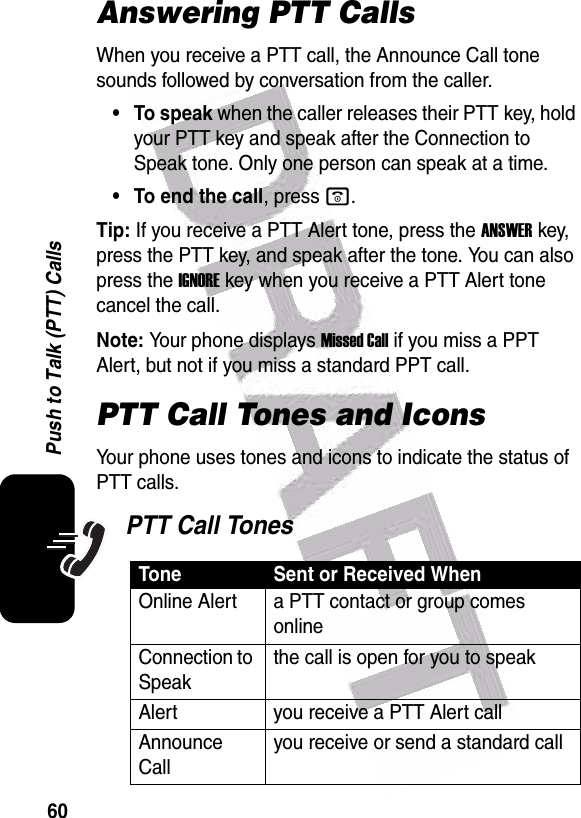  60Push to Talk (PTT) CallsAnswering PTT CallsWhen you receive a PTT call, the Announce Call tone sounds followed by conversation from the caller.• To speak when the caller releases their PTT key, hold your PTT key and speak after the Connection to Speak tone. Only one person can speak at a time.• To end the call, press o.Tip: If you receive a PTT Alert tone, press the ANSWERkey, press the PTT key, and speak after the tone. You can also press the IGNOREkey when you receive a PTT Alert tone cancel the call.Note: Your phone displays Missed Call if you miss a PPT Alert, but not if you miss a standard PPT call.PTT Call Tones and IconsYour phone uses tones and icons to indicate the status of PTT calls.PTT Call TonesTone Sent or Received WhenOnline Alert a PTT contact or group comes onlineConnection to Speakthe call is open for you to speakAlert you receive a PTT Alert callAnnounce Callyou receive or send a standard call