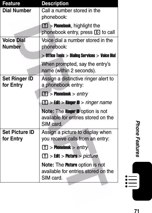  71Phone FeaturesDial NumberCall a number stored in the phonebook:M &gt;Phonebook, highlight the phonebook entry, press n to callVoice Dial Number Voice dial a number stored in the phonebook:&gt;Office Tools &gt;Dialing Services &gt;Voice DialWhen prompted, say the entry’s name (within 2 seconds).Set Ringer ID for EntryAssign a distinctive ringer alert to a phonebook entry:M &gt;Phonebook &gt; entryM &gt;Edit &gt;Ringer ID &gt; ringer nameNote: The Ringer ID option is not available for entries stored on the SIM card.Set Picture ID for EntryAssign a picture to display when you receive calls from an entry:M &gt;Phonebook &gt; entryM &gt;Edit &gt;Picture &gt; pictureNote: The Picture option is not available for entries stored on the SIM card.Feature Description